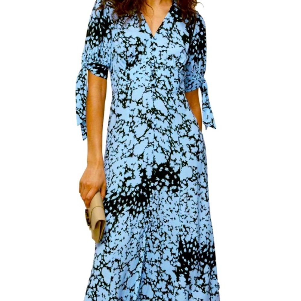 $498 Whistles Women Blue Animal Print V-Neck Short-Sleeve A-Line Zip Dress US 12